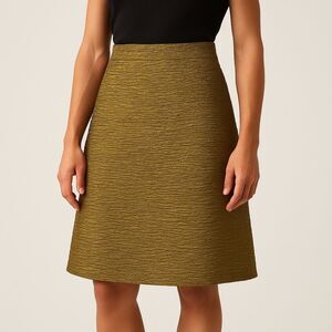 Akris Punto Metallic Gold Crepe Wool Blend Skirt Flat Front Back Pleat Size 8